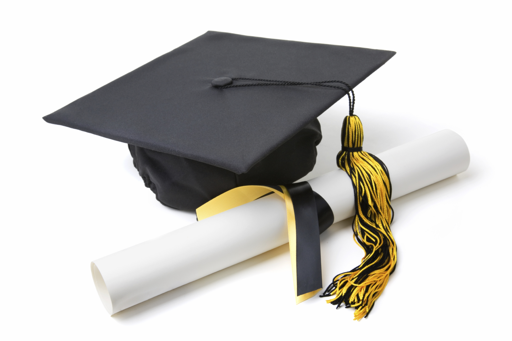 Graduation Cap and Diploma on White with Soft Shadow.
